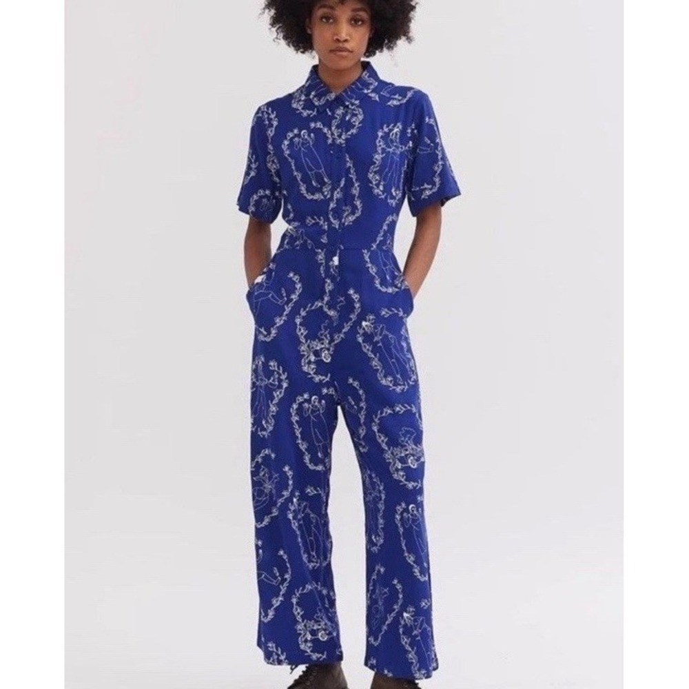 Lazy Oaf Oops Jumpsuit Size 10 Blue White Pants Short Sleeve Laura Callaghan